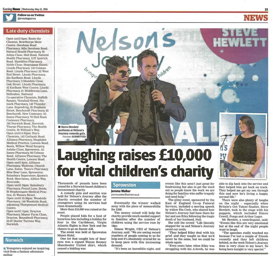 PR & Events Photography sample printed article in Evening News - Nelson's Journey Ball