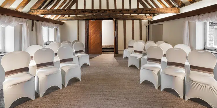 Hanse House main function room set out for wedding viewed from the front