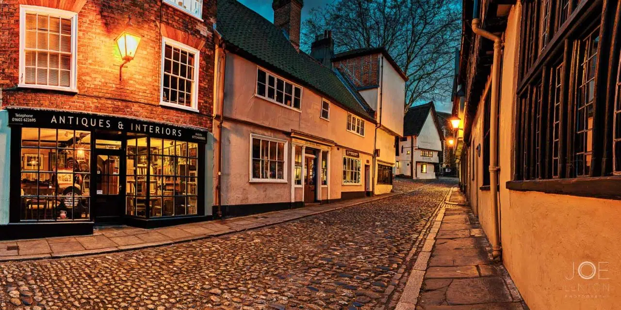 Twilight photo of Elm Hill in Norwich