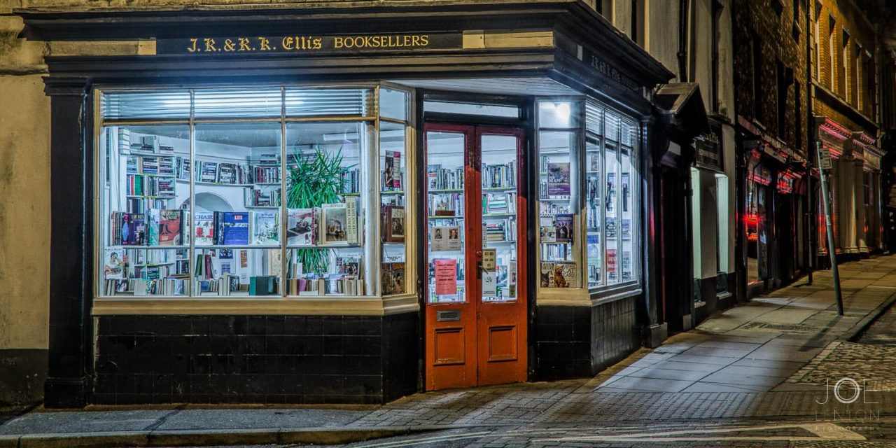Twilight image of bookshop in Norwich