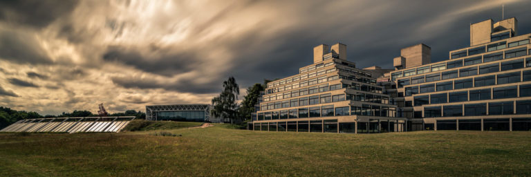 Panoramic long exposure architectural shot of UEA Ziggurat & Sainsbury Centre