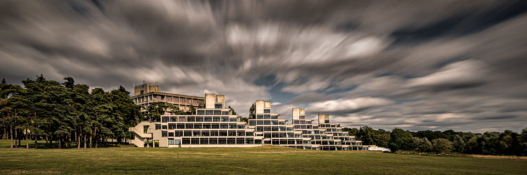 UEA student accommodation long exposure from in from of the Sainsbury Centre