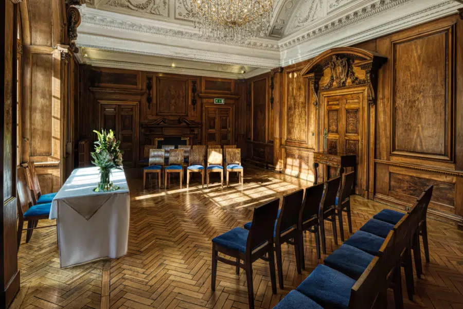 Intimate wedding setup in the Walnut Room at St Giles House