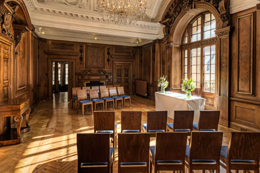 Wood panelled ceremony room at St Giles House