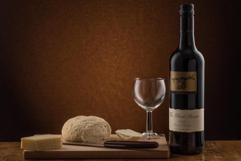 Black Stump red wine with bread & cheese