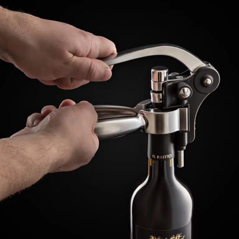 Hands operating corkscrew on a bottle of wine