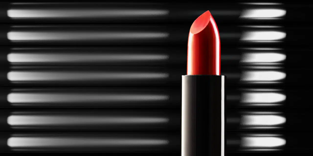 Close up of red lipstick with a CGI background