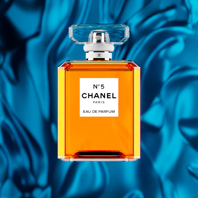 Chanel No 5 Perfume Bottle with blue silk CGI