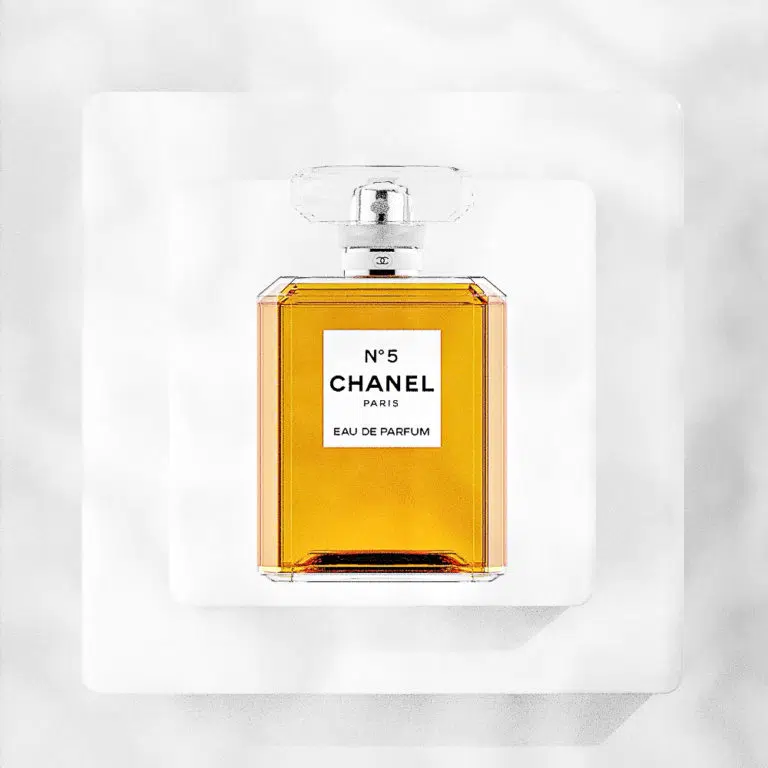 Chanel No 5 Perfume flat on blocks overhead view