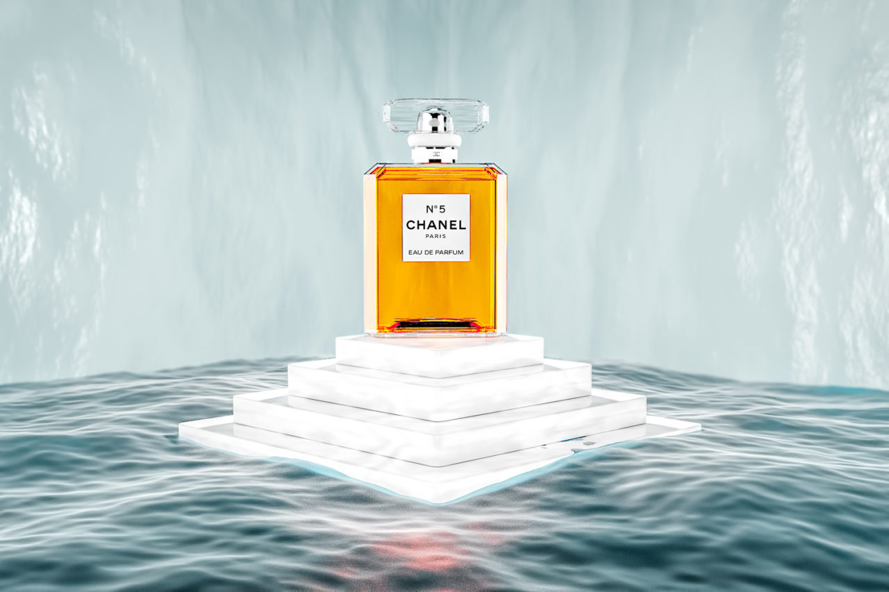 Chanel No 5 Perfume on marble Island - CGI advertising image