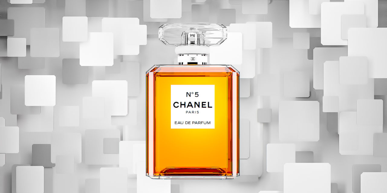 Chanel No 5 Perfume with blocks falling