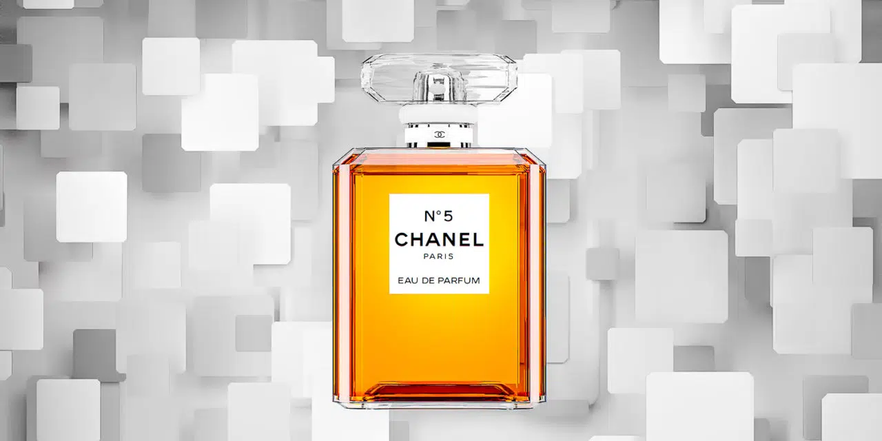 Chanel No 5 Perfume with blocks falling
