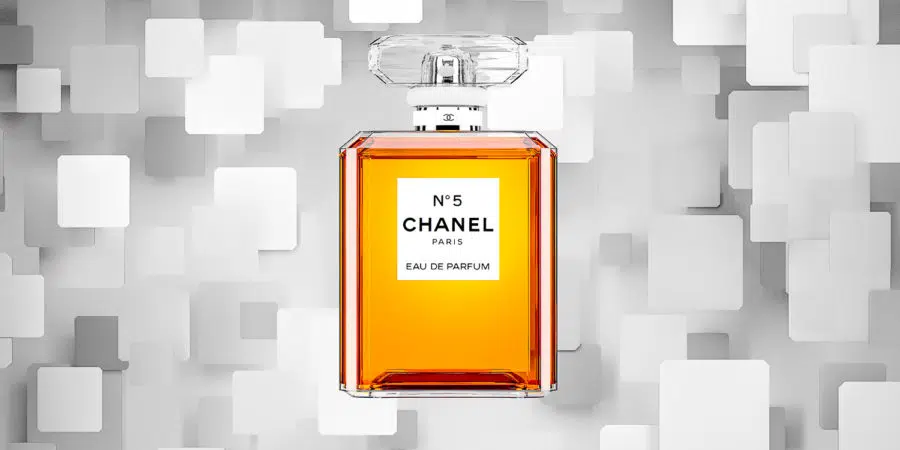Chanel No 5 Perfume with background of blocks falling CGI
