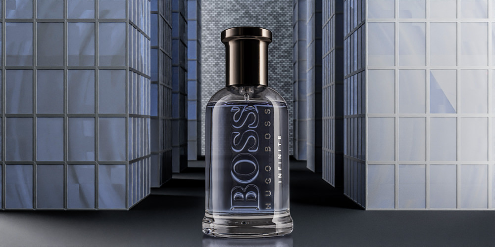 Still life photography of Boss fragrance product with CGI background