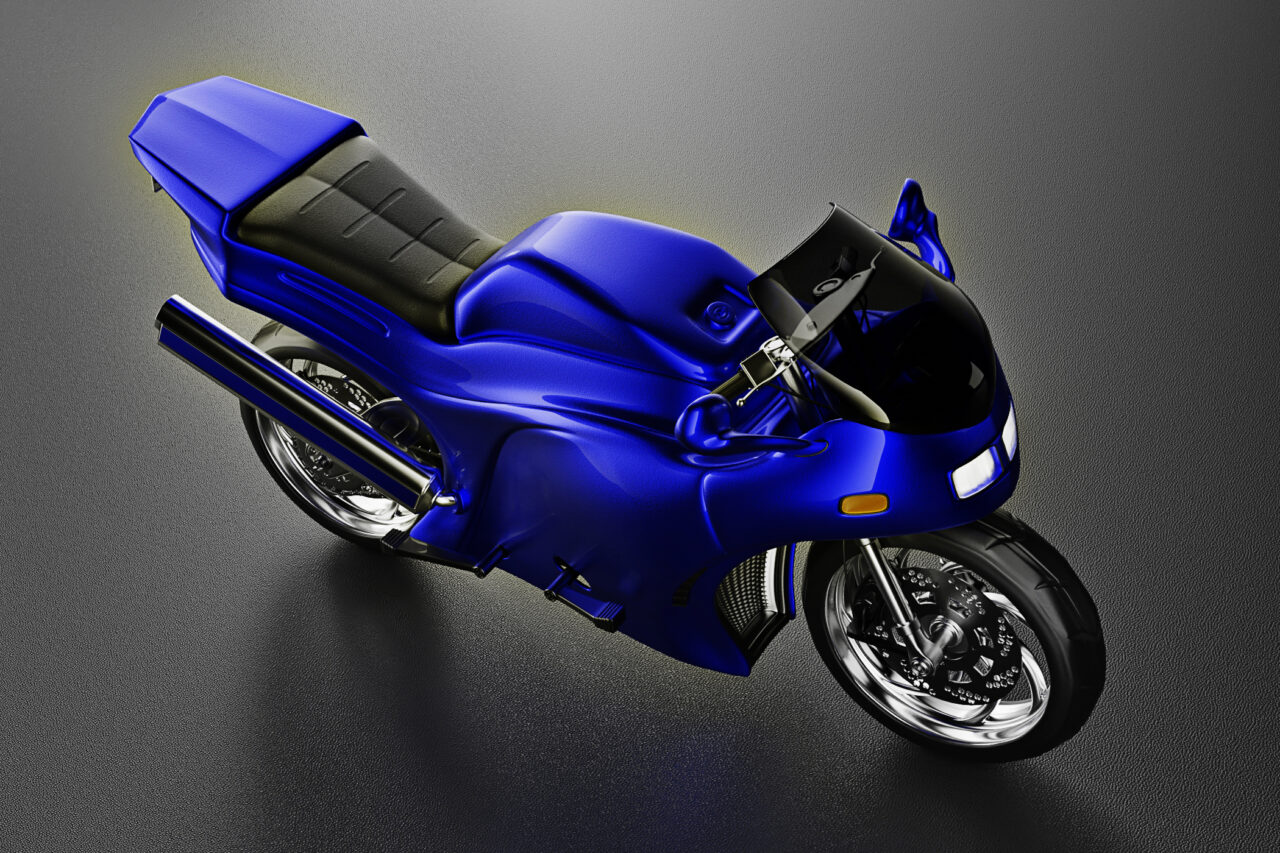 Overhead view of blue CGI motorbike in a studio setting