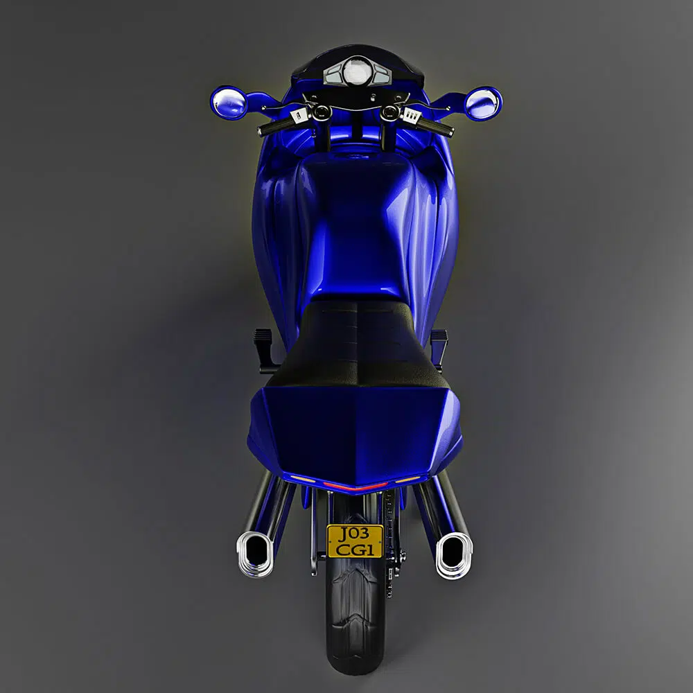 Top down view of blue CGI Motorbike
