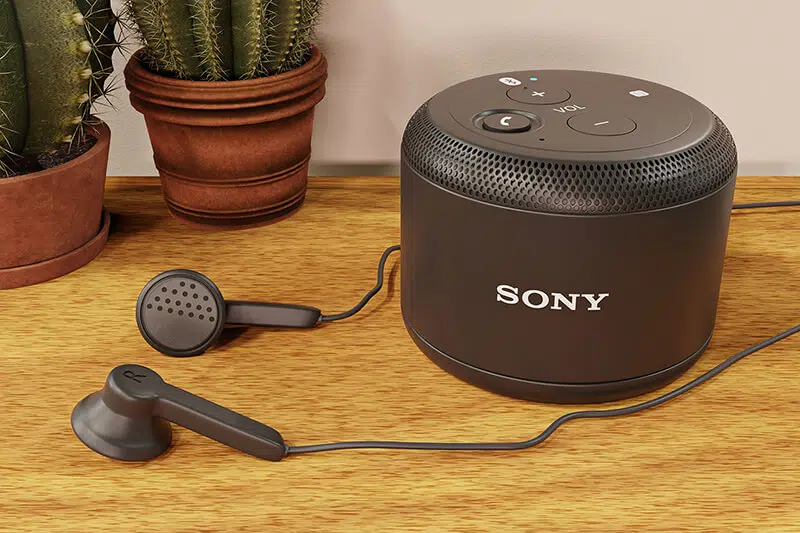 CGI Sony Speaker with headphones on a desk with cacti