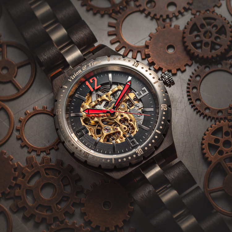 Vision & Time Skeleton Watch with cogs - sample watch photography for advertising