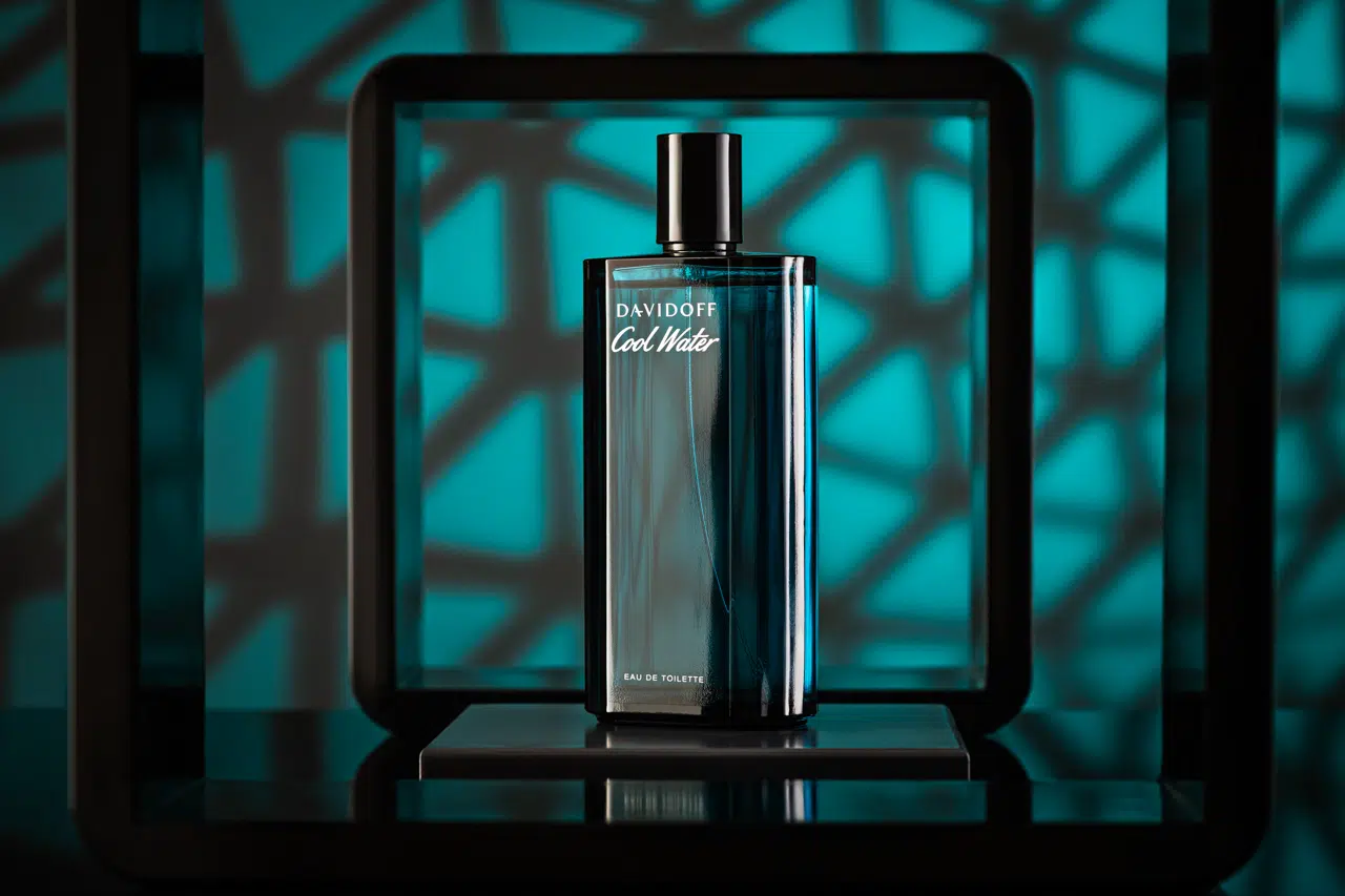 Bottle of Davidoff Cool Water Aftershave styled with geometric shapes