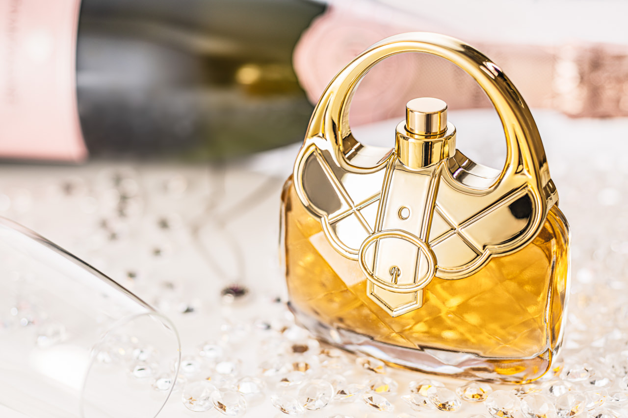 Purse String - Perfume Advertising Photography Sample Image styled with champagne & acrylic gems