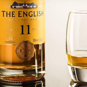 English Whisky bottle with glass - editorial drinks photography sample